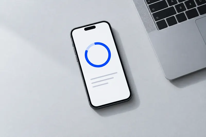 A phone showing a blue score ring beside a laptop